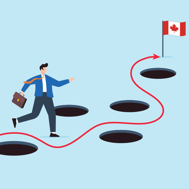 Man dodging holes to Canadian flag