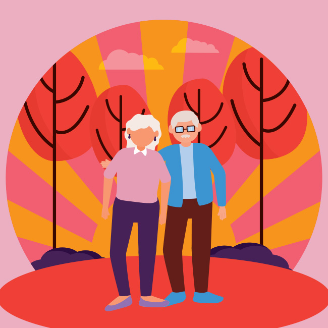 Illustration of an older couple standing in front of a sunset