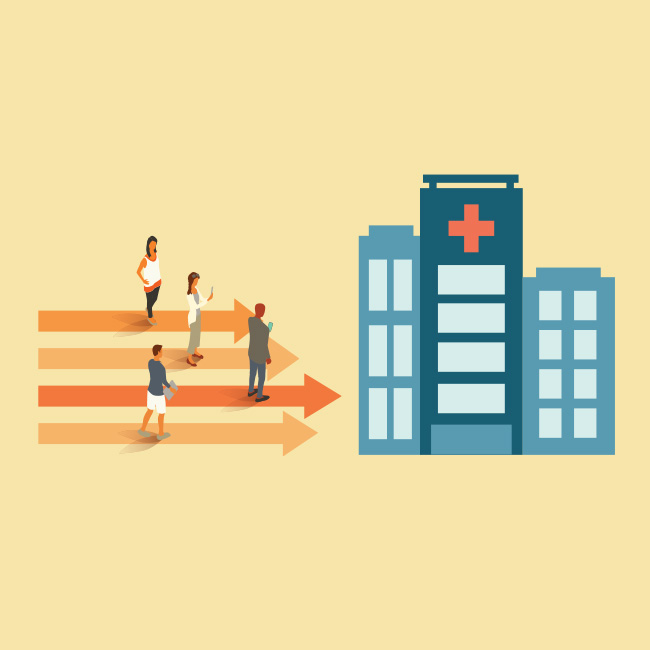 Illustration of people standing on arrows that are pointing to medical buildings